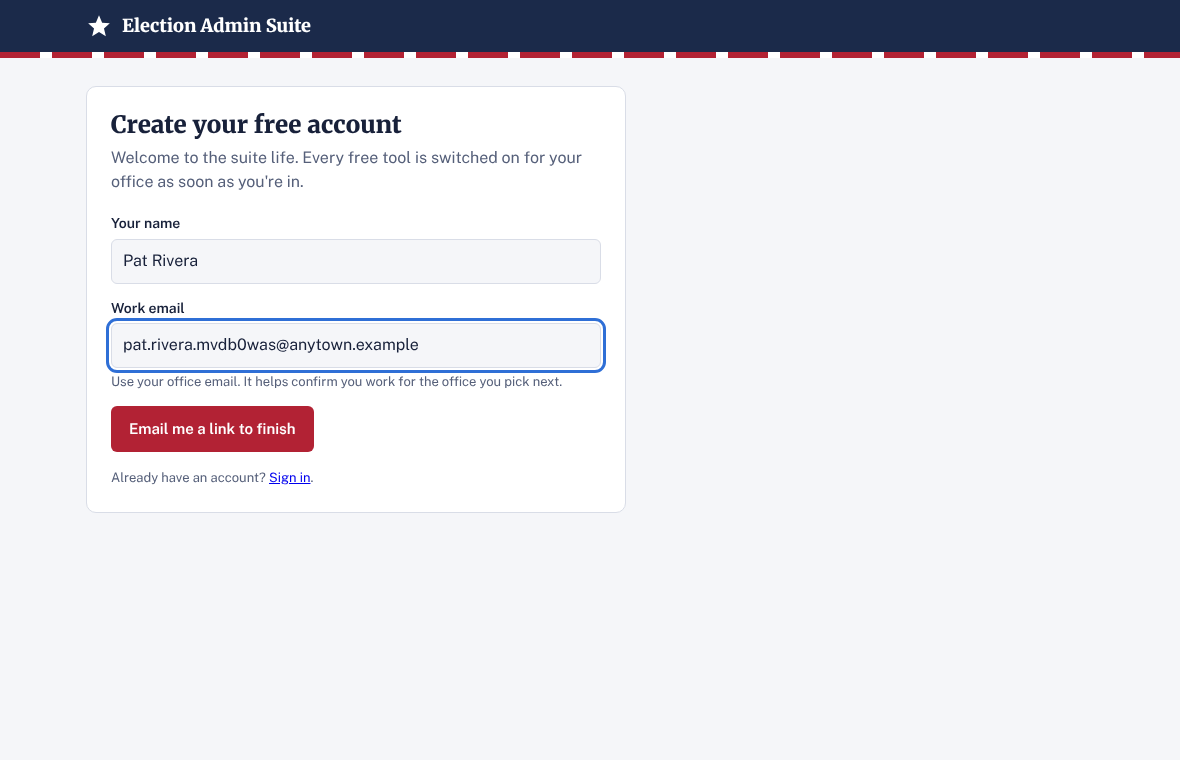 The Create your free account page with name and work email filled in