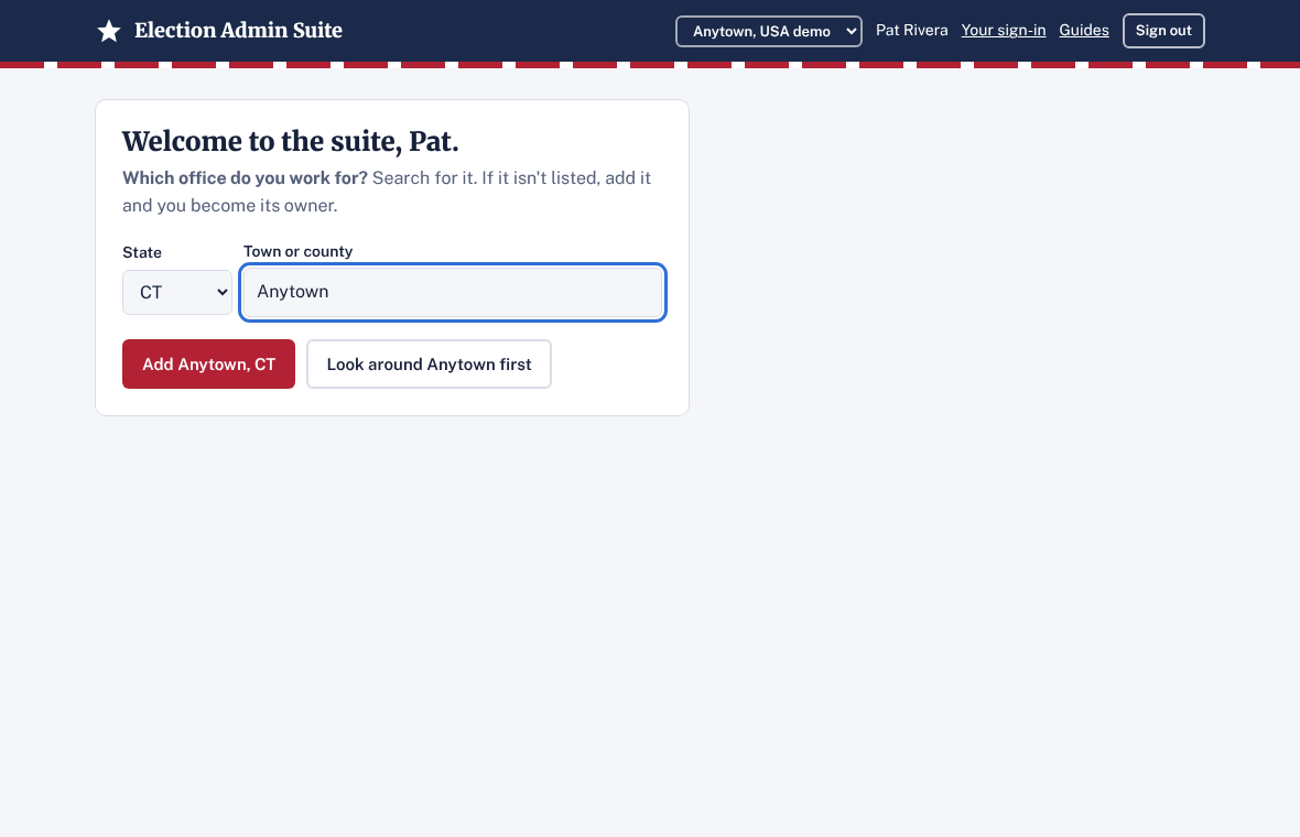 The Welcome to the suite page asking which office you work for, with state and town filled in