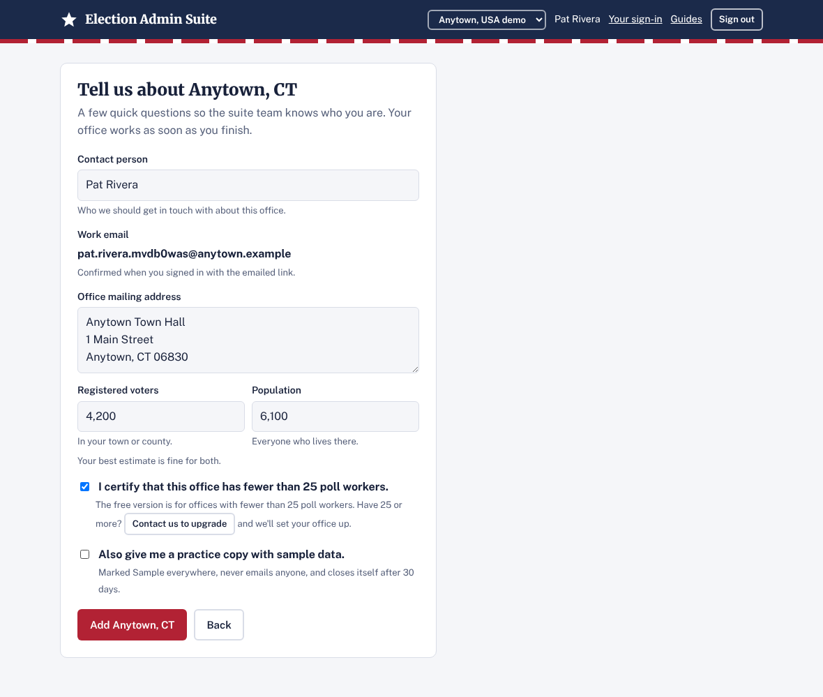 The Tell us about Anytown, CT form with contact person, work email, mailing address, registered voters, population and the fewer-than-25-poll-workers checkbox