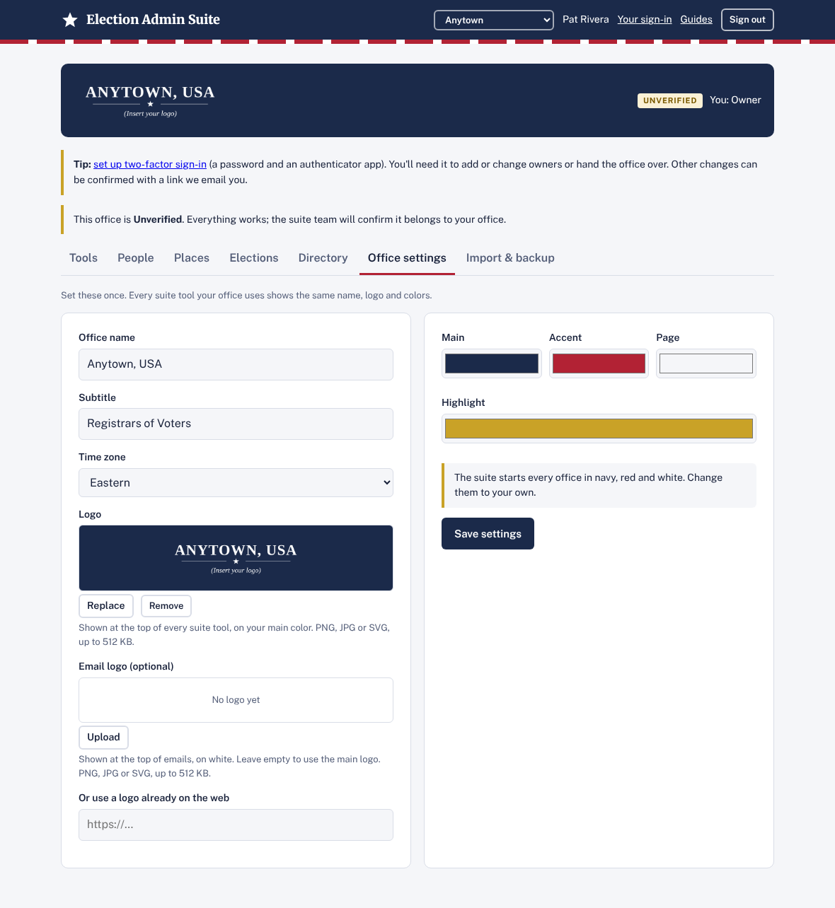 The Office settings tab with name, subtitle, time zone, logo and colors