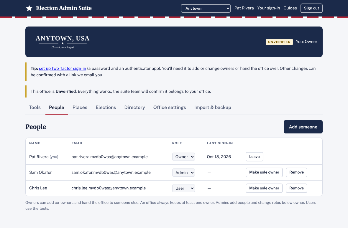 The People tab listing an owner, an admin and a user