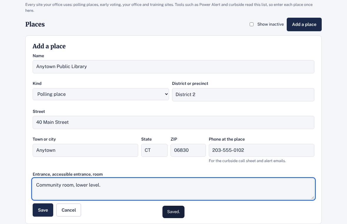 The Add a place form