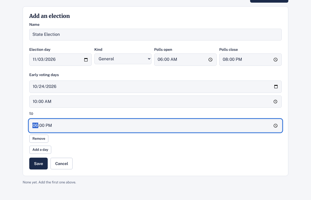 The Add an election form with an early voting day
