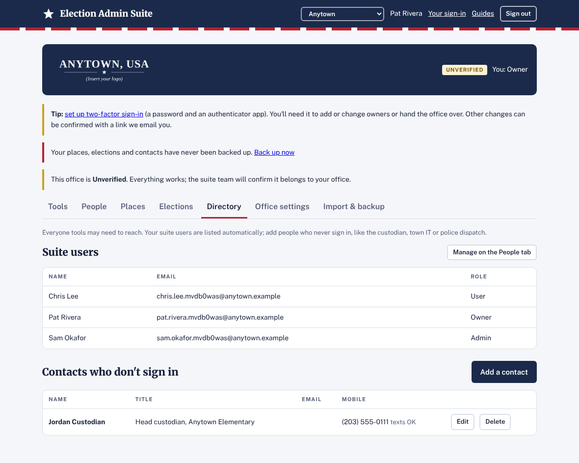 The Directory tab with suite users and a contact