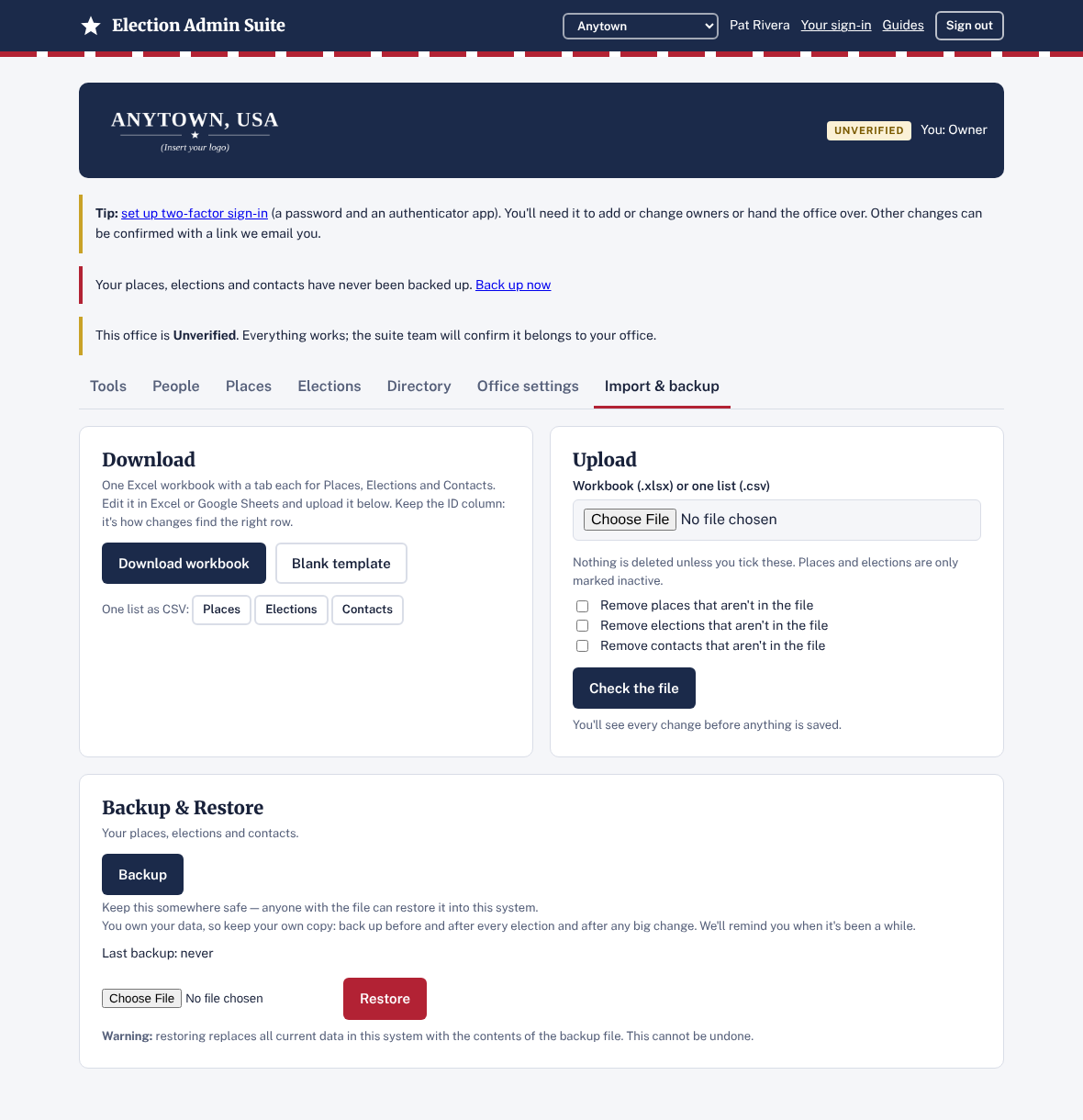 The Import and backup tab