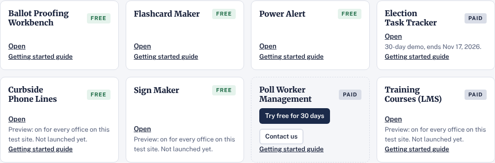 Tool cards, with a paid tool showing its 30-day demo end date