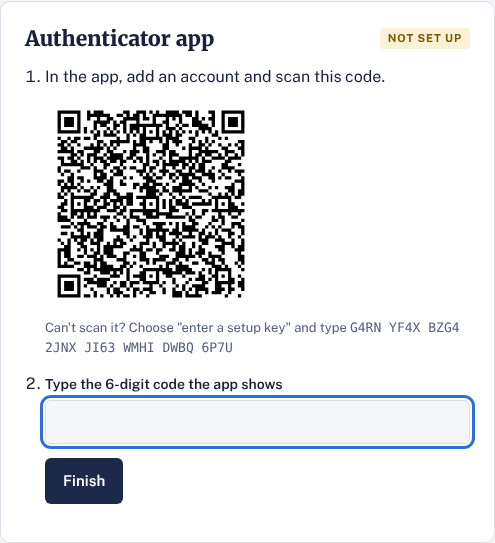 Setting up the authenticator app with a QR code