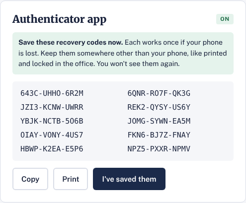Ten recovery codes shown once