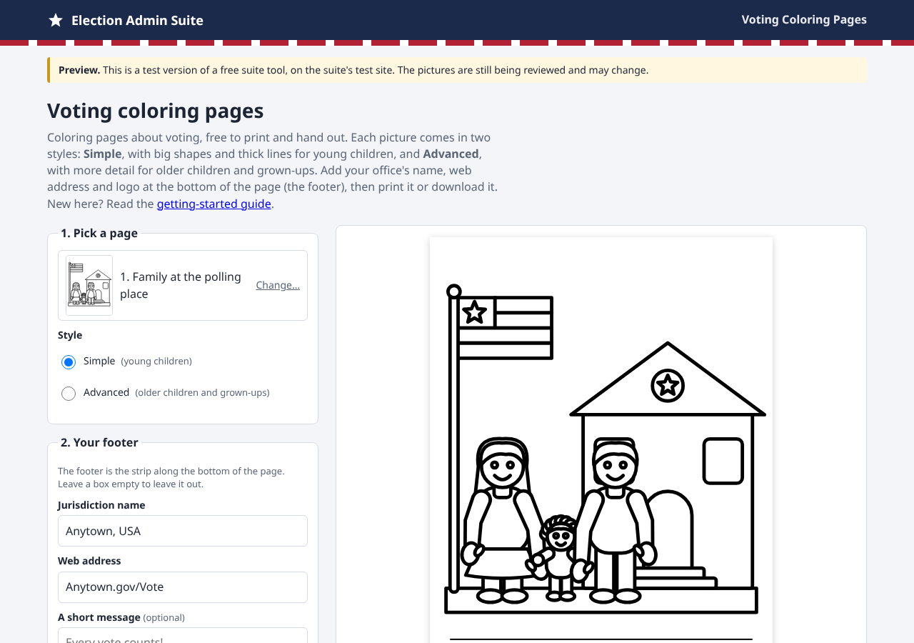 Voting Coloring Pages the first time it opens: the choices on the left and page 1, a family at a polling place, on the right with the Anytown, USA footer