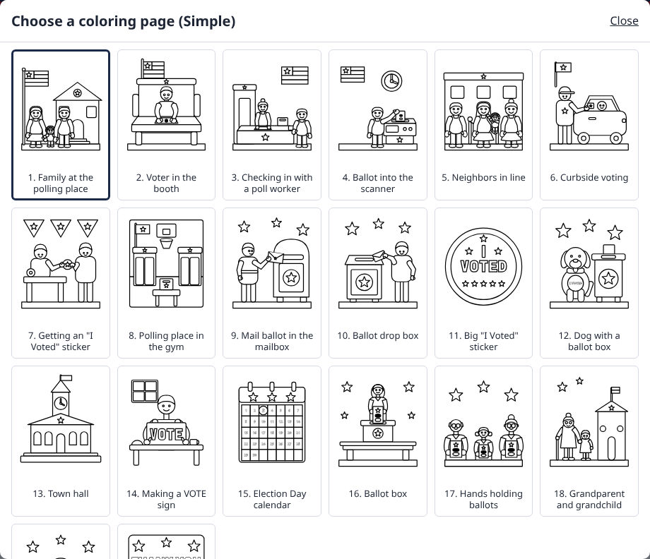 The Choose a coloring page window, with the 20 pages drawn small and numbered