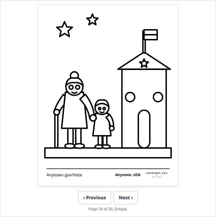 Page 18, a grandparent and grandchild walking to vote, in the Simple style