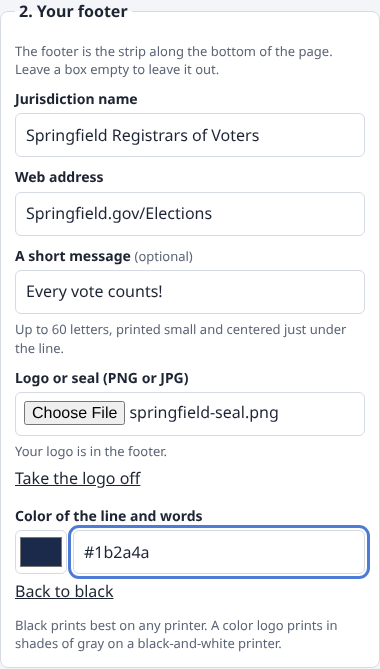 The Your footer box filled in for Springfield Registrars of Voters, with the message Every vote counts!, a logo and a navy color