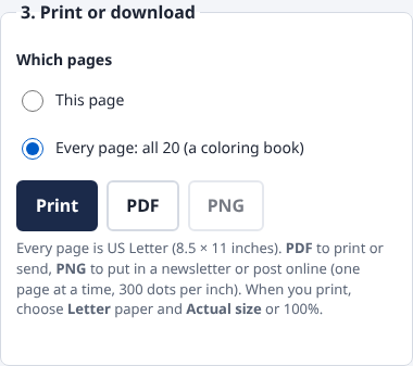 The Print or download box with Every page chosen and the Print, PDF and PNG buttons