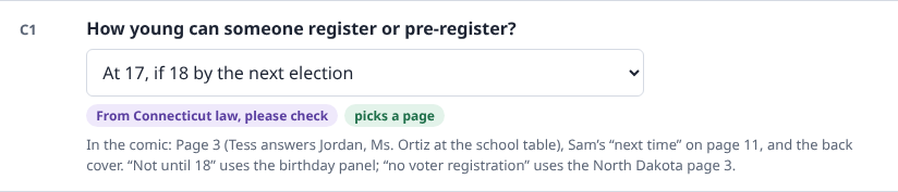 The question How young can someone register or pre-register, filled in with At 17, if 18 by the next election and marked From Connecticut law, please check