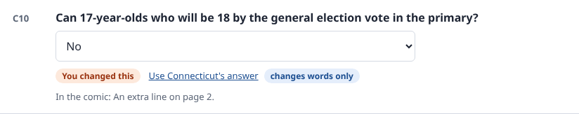 A question changed to No, marked You changed this, with the link Use Connecticut's answer