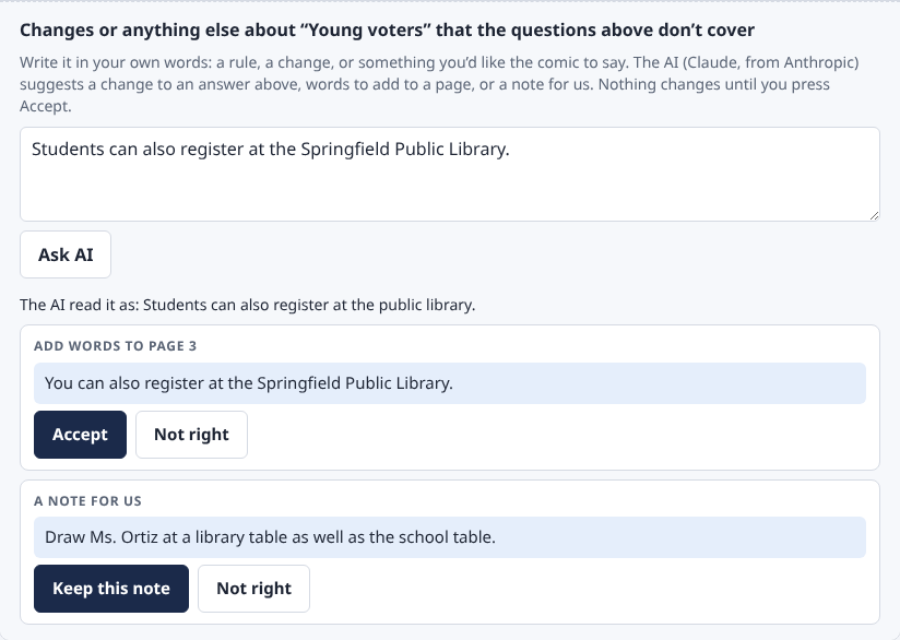 The box at the end of the Young voters part, about registering at the public library, with the AI's two suggestions: add words to page 3, and a note for us, each with Accept or Keep this note and Not right buttons