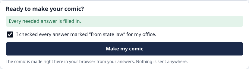 Ready to make your comic, with Every needed answer is filled in, the box ticked, and the Make my comic button