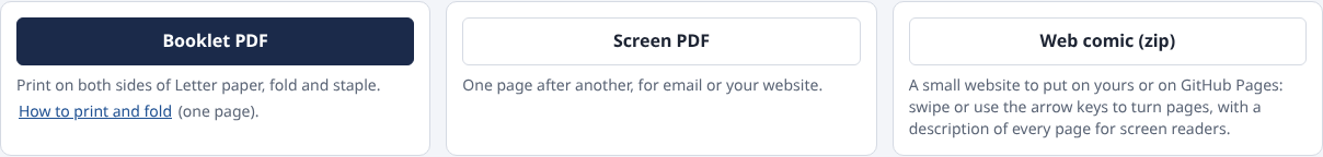 The Booklet PDF, Screen PDF and Web comic buttons, with How to print and fold