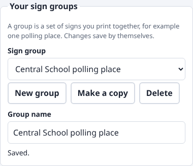 The Your sign groups box with the group named Central School polling place
