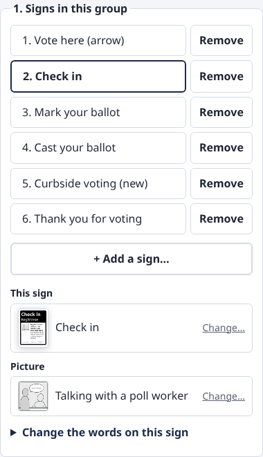The Signs in this group box listing six signs, with the second, Check in, selected