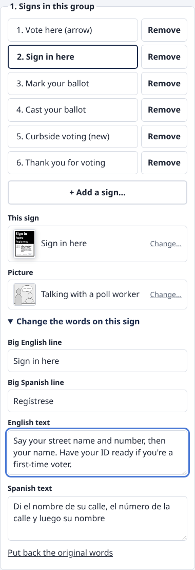 The words of the Check in sign changed: the heading now says Sign in here, and the list shows 2. Sign in here