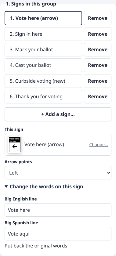 The Vote here sign selected, with Arrow points set to Left