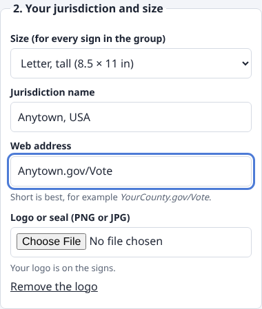 The Your jurisdiction and size box with the size, jurisdiction name, web address and logo