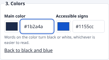 The Colors box with the main color set to dark blue