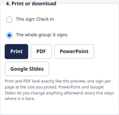 The Print or download box with This sign and The whole group, and the Print, PDF, PowerPoint and Google Slides buttons