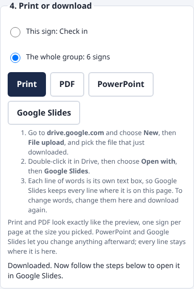 The Google Slides steps shown after the file downloads