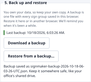 The Back up and restore box after downloading a backup