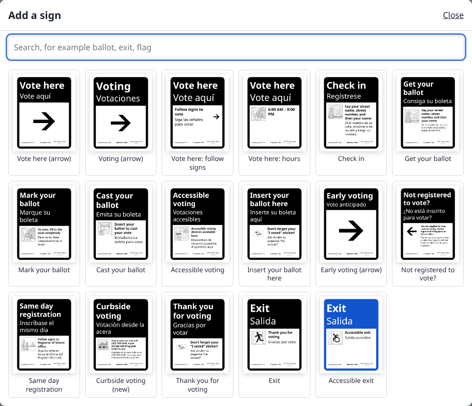 The Add a sign window: a search box and a small picture of every sign