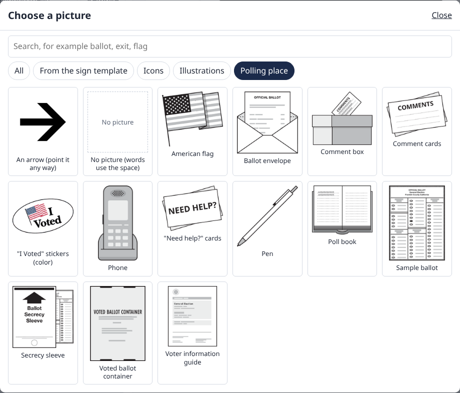 The Choose a picture window showing the Polling place pictures: a flag, a ballot envelope, a secrecy sleeve and more