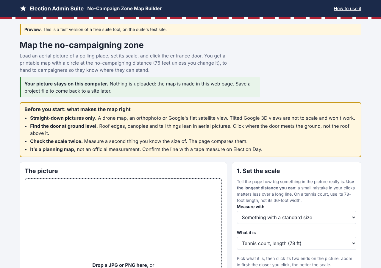 The No-Campaign Zone Map Builder the first time it opens: the Before you start box, the empty picture box with Choose a picture and Try the Anytown sample, and the six steps beside it