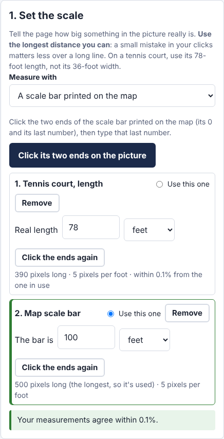 Two measurements, the tennis court length and the map scale bar, both 5 pixels per foot, and a green note: Your measurements agree within 0.1%