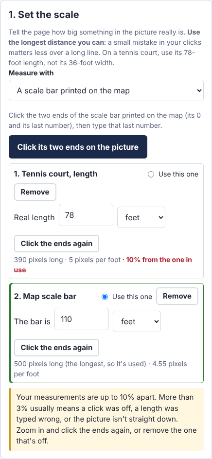 The same two measurements after the scale bar was typed as 110 feet: a red 10% from the one in use, and a yellow warning that the measurements are up to 10% apart