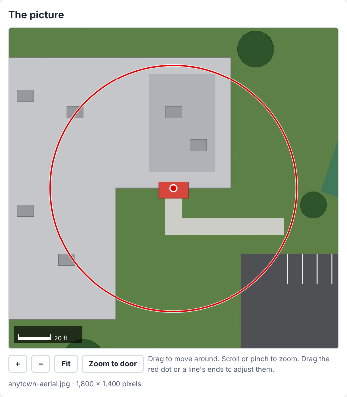 The sample zoomed in on the entrance: a red dot under the canopy and a red circle 75 feet around it, with a 20-foot scale bar in the corner