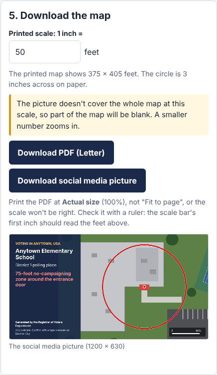 The Download the map step: 1 inch = 50 feet, the map shows 375 by 405 feet and the circle is 3 inches across, the two download buttons and a preview of the social media picture