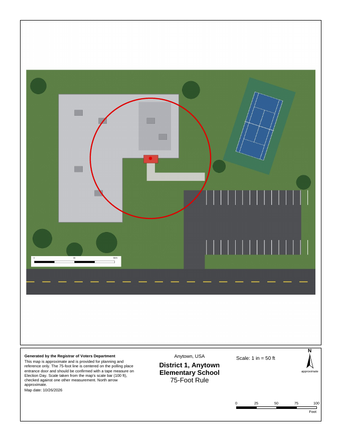 The PDF: the aerial picture with the red circle, and a footer with the disclaimer and credit, the title District 1, Anytown Elementary School, 75-Foot Rule, Scale 1 in = 50 ft, a scale bar and a north arrow